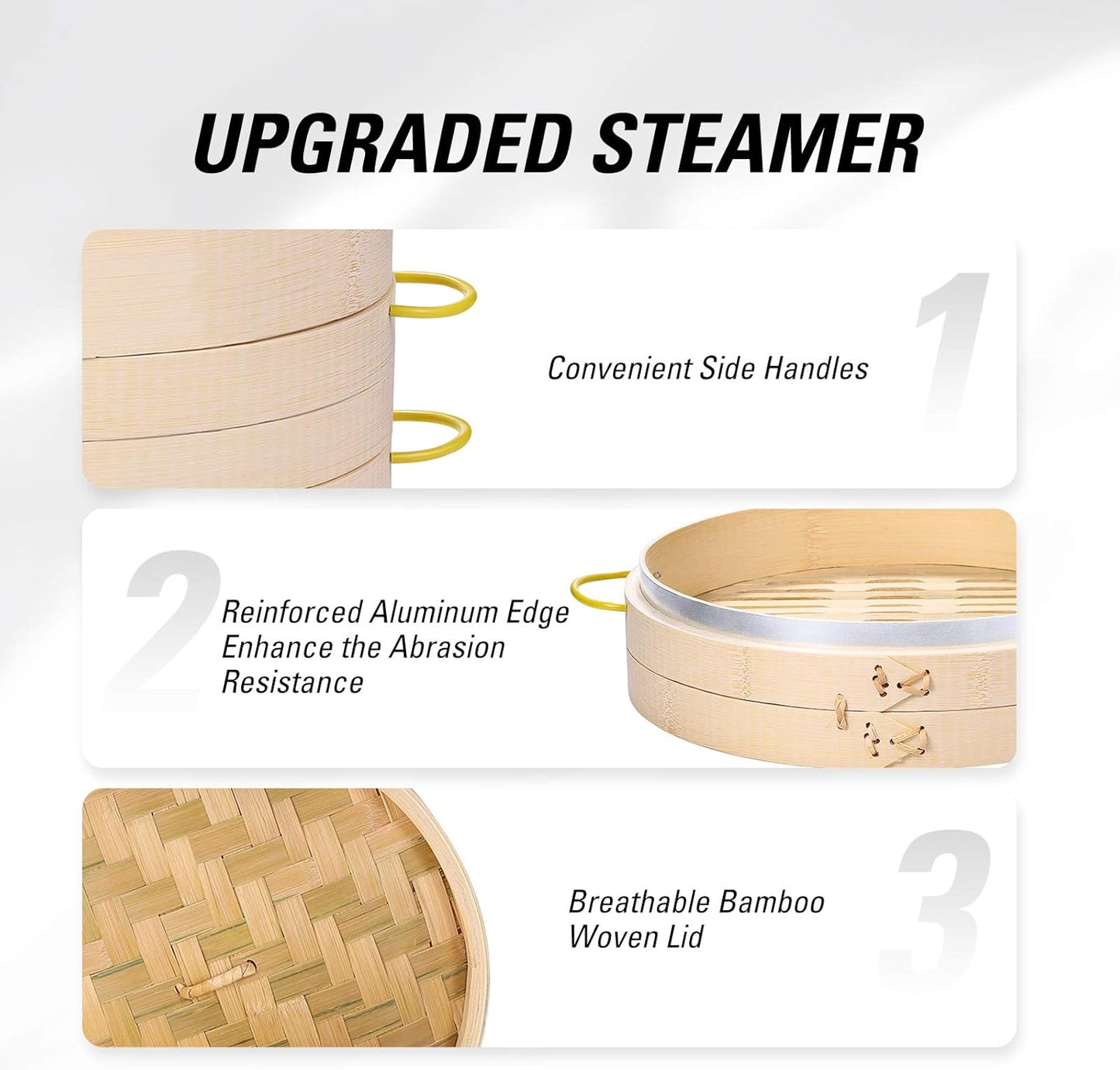 MacaRio Bamboo Steamer Basket Set 10 inch Steamer for Cooking, with Side Handles Chopsticks Ceramic Sauce Dishes Paper Liners, for Dim Sum Dumplings Buns Seafoods Rice Asian Foods