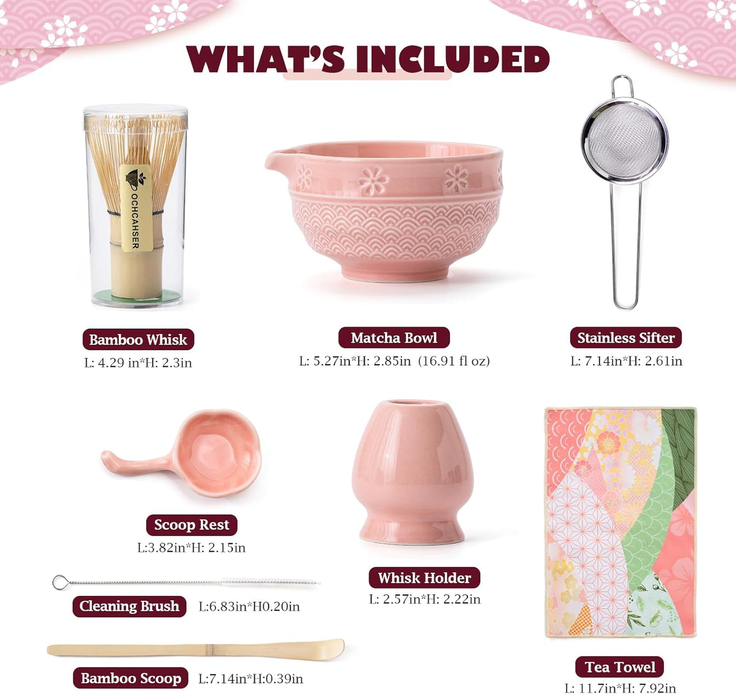 Matcha Tea Set, 8 Pcs Japanese Matcha Kit with Cherry Blossom and Wave Design Ceramic Bowl, Bamboo Whisk, Whisk Holder, Scoop, Sifter, Brush, Matcha Kit Set for Matcha Lovers (Pink)