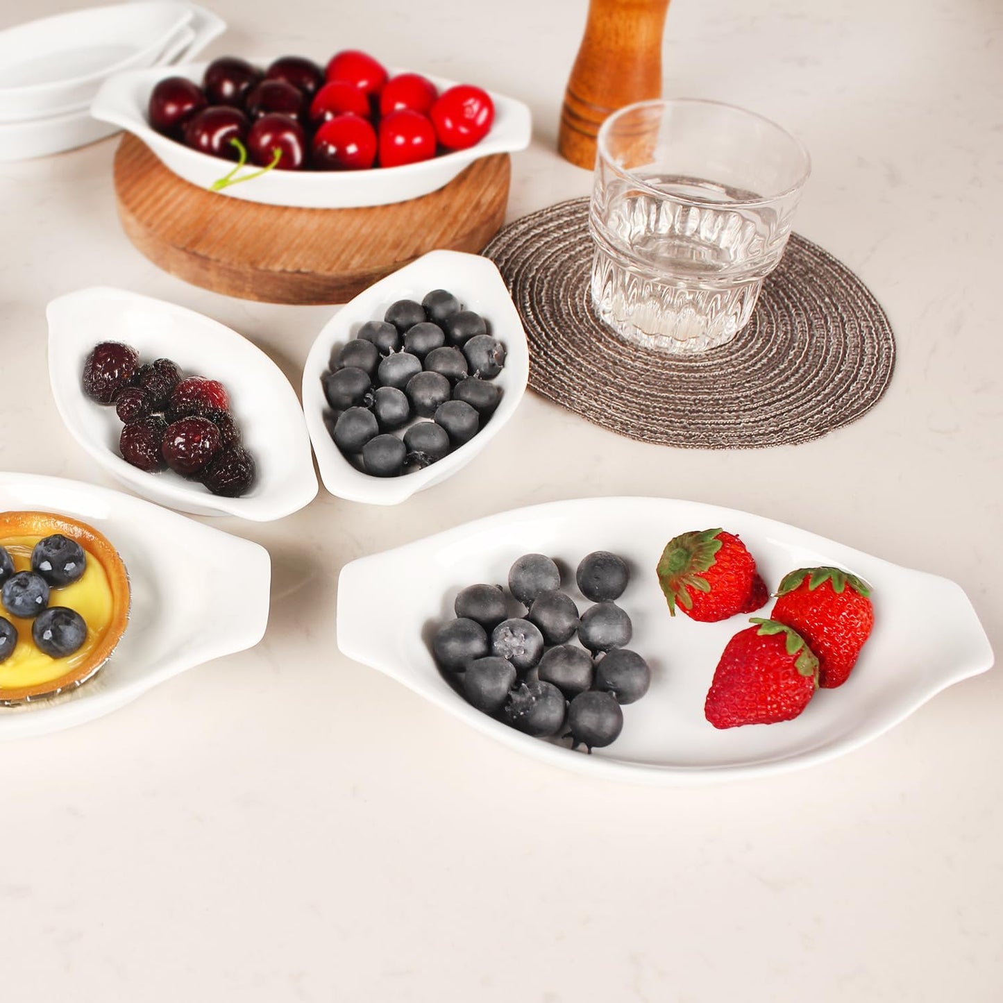 6" x 4" Ceramic Oval Small Au Gratin Baking Dishes 7 oz, Set of 4 Banana Split Bowls, Oven and Microwave Safe, for 1 person servings, Bakeware with Handle(8.3 IN) for Kitchen and Home