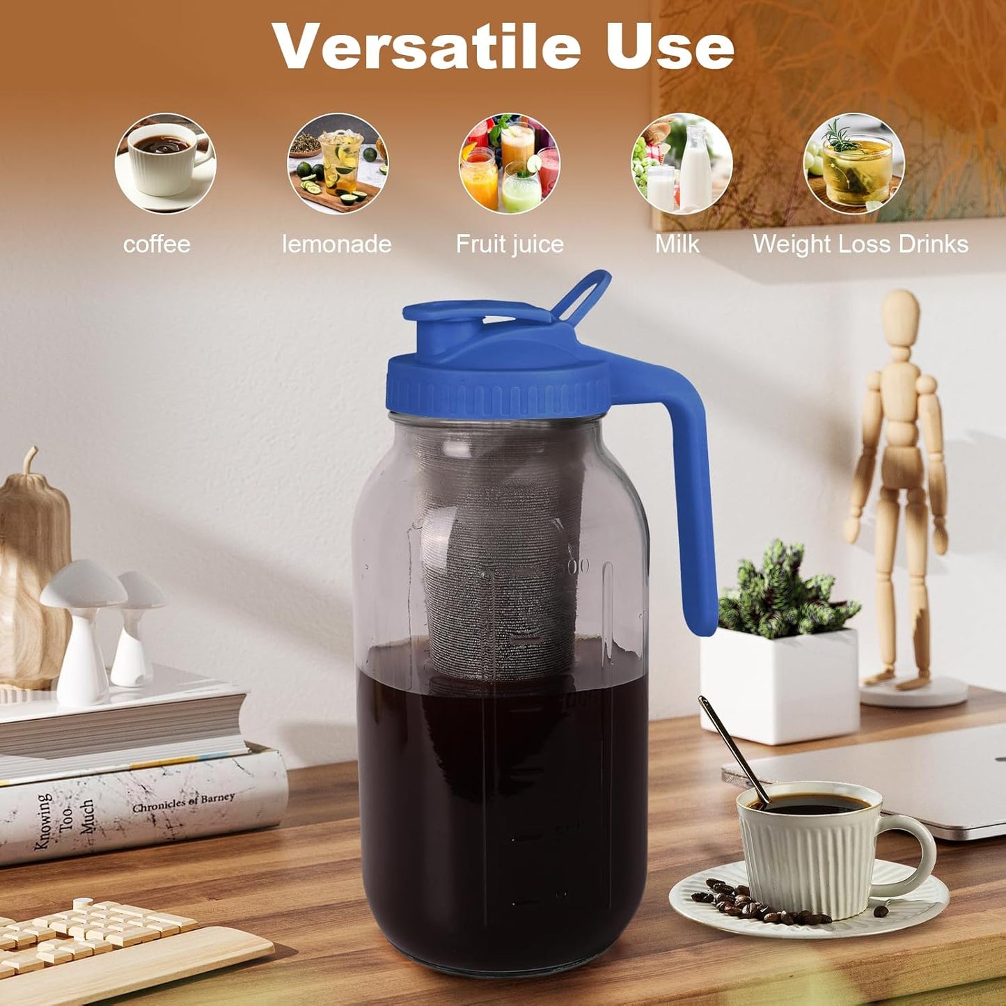 Cold Brew Coffee Maker,64 oz Mason Jar Pitcher with Stainless Steel Filter, Pour Spout Handle Lid, Heavy Duty Glass Airtight & Leak-Proof for Iced Coffee Tea & Lemonade -Blue