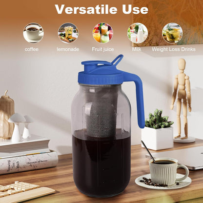 Cold Brew Coffee Maker,64 oz Mason Jar Pitcher with Stainless Steel Filter, Pour Spout Handle Lid, Heavy Duty Glass Airtight & Leak-Proof for Iced Coffee Tea & Lemonade -Blue