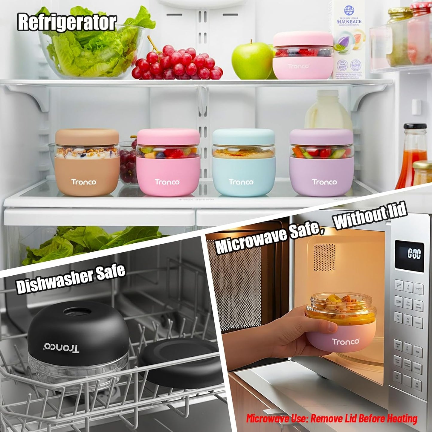 Tronco 24 oz Glass Food Storage Containers with Lids, Airtight, Leak & Spill Proof Glass Lunch Bowls for Meal Prep, Salad, Yogurt, Soup & Stew, Microwave & Dishwasher Safe, BPA-Free, Set of 2