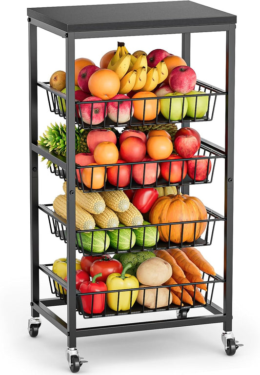 Snack Cart, 5-Tier Kitchen Carts on Wheels with Storage,Fruit Basket Stand with Pull-Out Baskets and Wood Top,Kitchen Organizer for Fruit Vegetable Snack (Black)