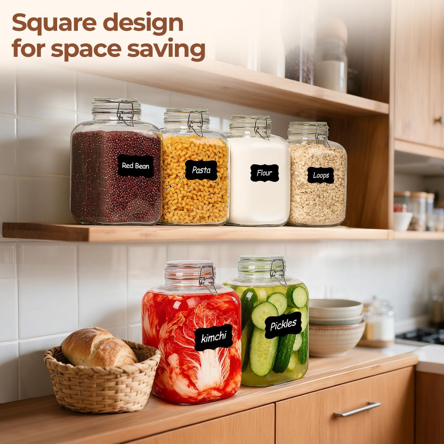 ComSaf Rice Container 5L, Flour Sugar Storage Containers, Glass Jars with Airtight Lid, 1.3 Gallon Mason Jar, Large Storage Containers with Lids for Pickled Egg, Pasta, Cereal, Beans, Set of 2