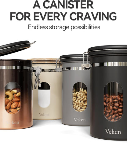 Veken Coffee Canister with Window,Airtight Stainless Steel Kitchen Food Storage Container, Date Tracker & Scoop for Grounds Coffee, Beans, Tea,Flour,Cereal,Sugar,22OZ,Copper