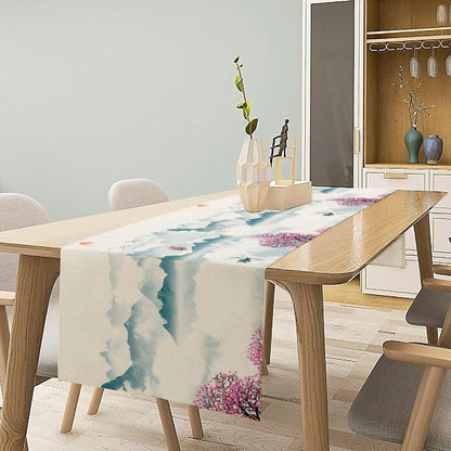 Asian Landscape Table Runner, Cherry Tree Chinoiserie Vintage Ink Wash Pink Blue Setting Sun Table Runner for Kitchen Home Party Dining Table Decor 13x120 Inch