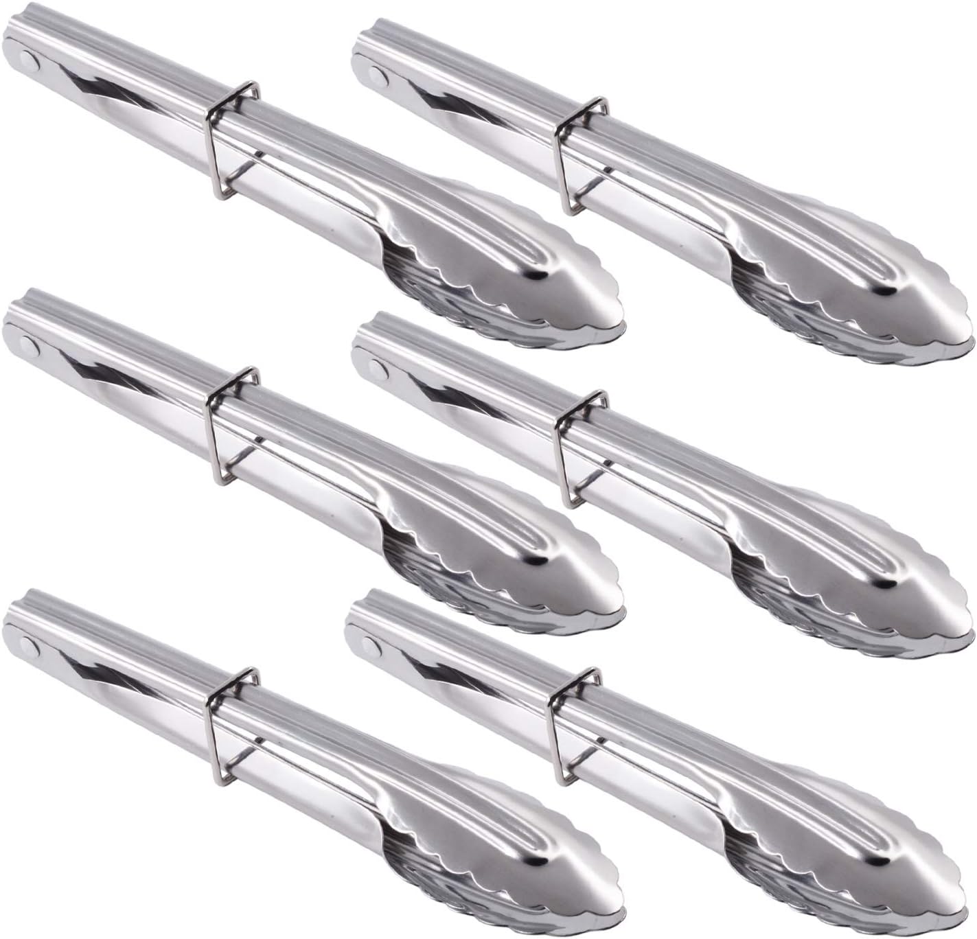 Mini Stainless Steel Food Tongs with Silding Rings 7-Inch - Set of 6 - Small Clam Shell Service Tongs for Serving Appetizers, Desserts, Salads, Barbecue and Cooking (Silver)