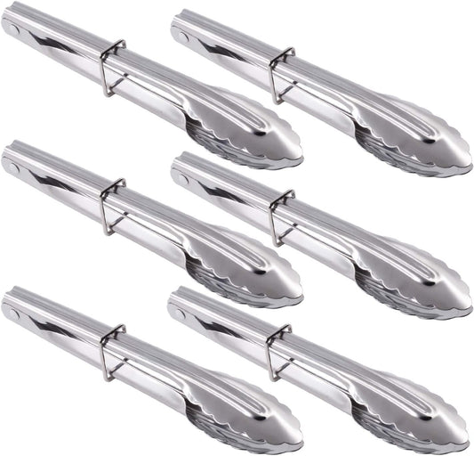Mini Stainless Steel Food Tongs with Silding Rings 7-Inch - Set of 6 - Small Clam Shell Service Tongs for Serving Appetizers, Desserts, Salads, Barbecue and Cooking (Silver)