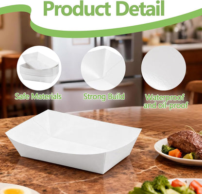 120 Pcs Paper Food Boat Trays, 2 LB Heavy Duty Paper Boats, White Kraft Food Serving Boat Tray, Disposable Nacho Tray for Snack Hot Dog BBQ Dessert Salad Taco, Water & Grease Resistant, White