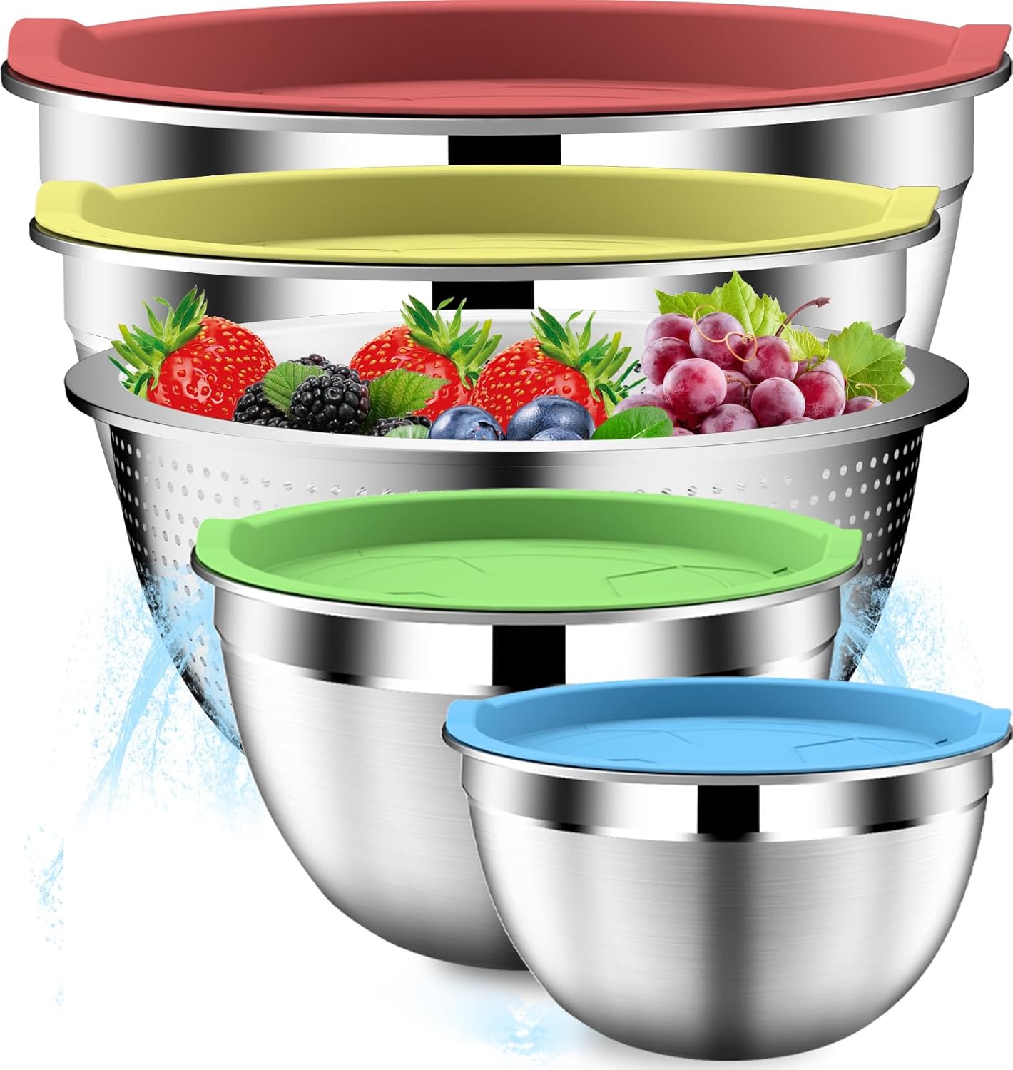 Mixing Bowls with Strainer, Mixing Bowl with Lids Set, Stainless Steel Mixing Bowls, Kitchen Gadgets 2025 Salad Bowls with Strainer for Mixing & Preping & Baking, Multicolor