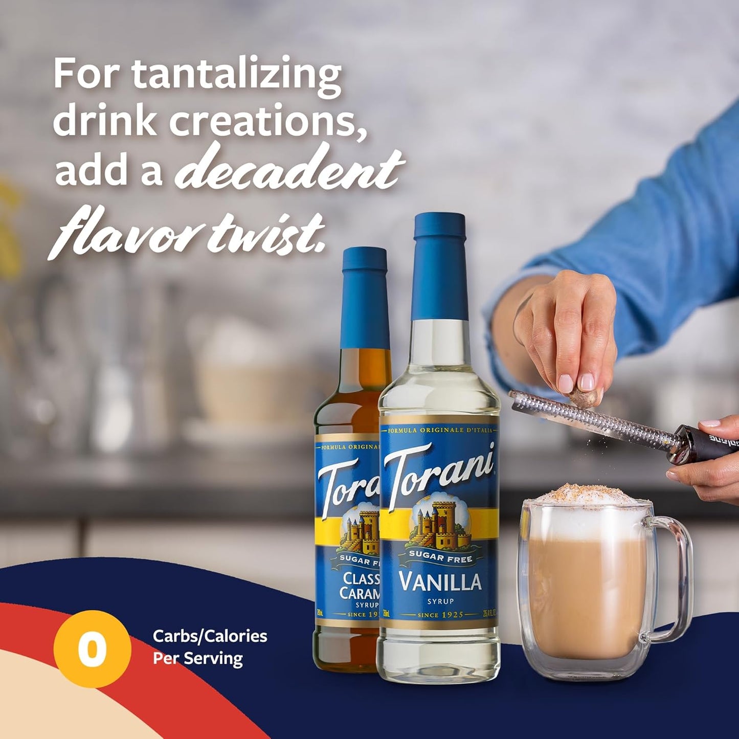 Torani Sugar Free Vanilla Syrup and Sugar Free Classic Caramel Syrup Variety 2-Pack, Coffee Syrups for Drinks, Pumps Included, 25.4 Fl Oz Ea