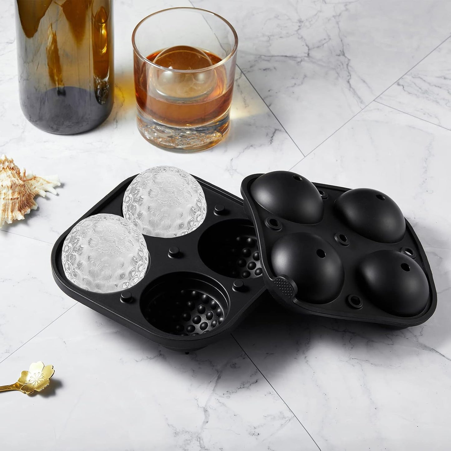 Novelty Golf Gifts Ball Ice Maker Mold, 2.5" Large Sphere Round Ice Cube Mold for Cocktails, Whiskey, Bourbon Chilling, 4 Hole Fun Shapes Big Silicone Circle Ice Cube Trays w/Funnel