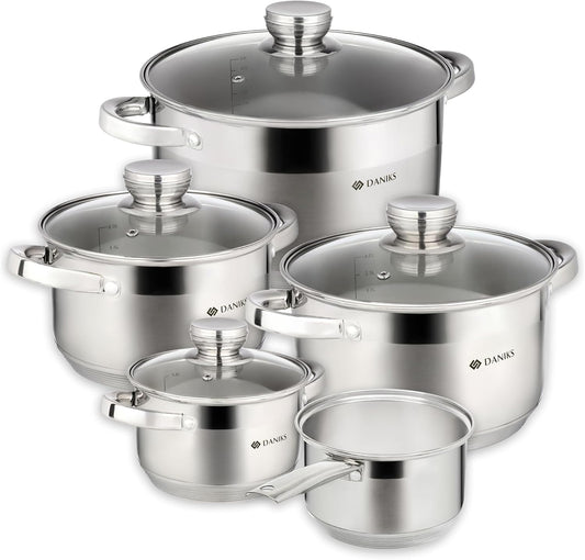 Daniks Standard 9-Piece Stainless Steel Induction Cookware Set, Saucepan, Dishwasher Safe Pots, Measuring Scale, Glass Lids, For Soup, Pasta, Stew, Silver