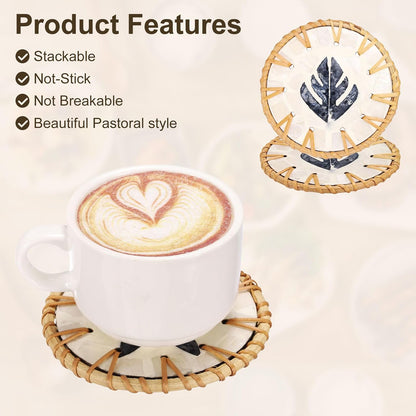 uxcell 2Pcs Handmade Woven Rattan Coasters, Heat-Resistant Drink Coasters for Coffee Table Dining Room Kitchen Coffee Wine Decor, Deep Blue Leaf