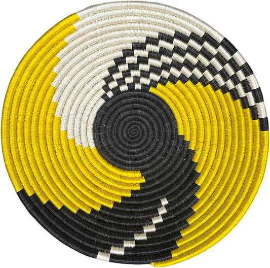 Handwoven African Basket Handmade sisal Fruit Bowl Wall Hanging decorative Baskets for Home Living Room Kitchen Centerpiece Zen Designs Arts and Crafts (Black Mustard, 10in diameter)