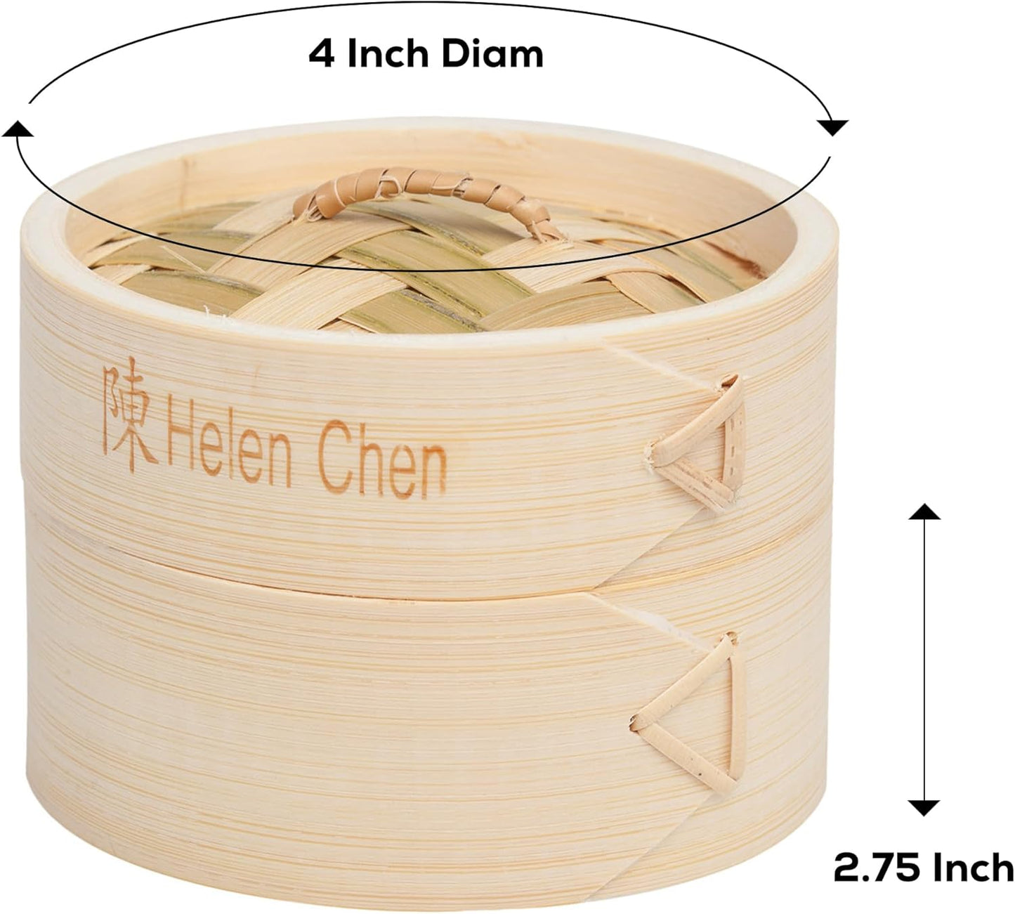 Helen's Asian Kitchen Bamboo Food Steamer with Lid - 100% Natural Bamboo - Basket Steamers for Cooking Dumplings, Dim Sum, Veggies, Fish, Meat - Preserve Nutrients & Flavors - 4-Inch, Set of 2
