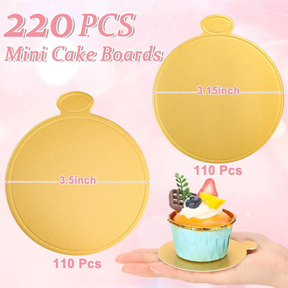 Jollidecor 220 PCS Mini Gold Cake Boards 3.5 inch & 3.15 inch Round Cake Base Mini Flan Tray Disposable Paper Plates for Cupcake, Dessert, Mousse Cake, Flan, Cheesecake