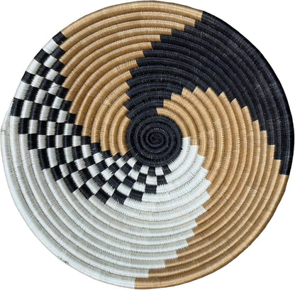 Handwoven African Basket Handmade sisal Fruit Bowl Wall Hanging decorative Baskets for Home Living Room Kitchen Centerpiece Zen Designs Arts and Crafts (Swirl Black Tan, 12in diameter)