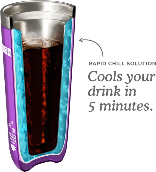 ZOKU Instant Iced Coffee Maker, Reusable Beverage Chiller Cools Hot Beverages in Minutes Without Dilution, Portable 11-ounce Tumbler With Spill-resistant Lid and Straw, Purple