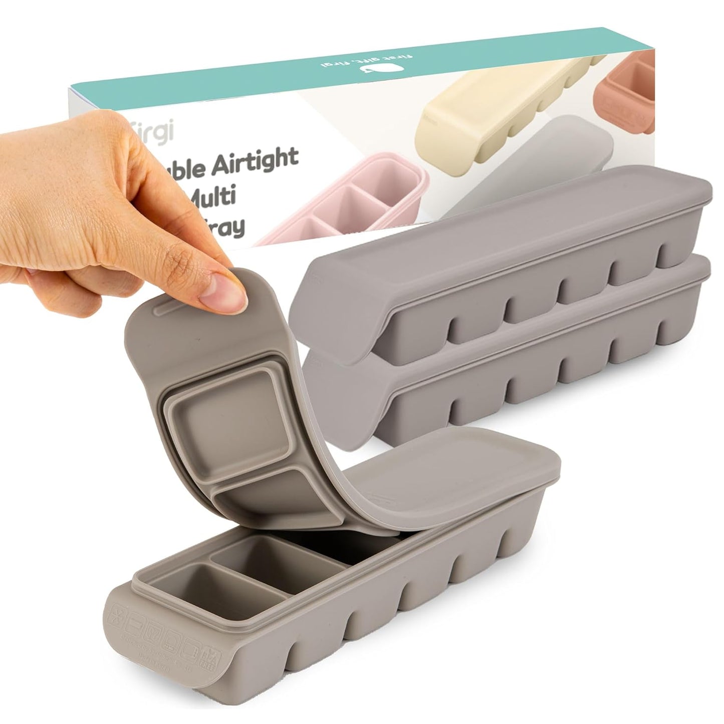 Silicone Ice Cube Freezer Tray with Lid, 100% Food-Grade Platinum Silicone,Leak Resistance & Dishwasher Safe for Baby Food Prep,Breast Milk,Purees - Korean Made (Gray 2-Pack 1 oz/6 Sections)