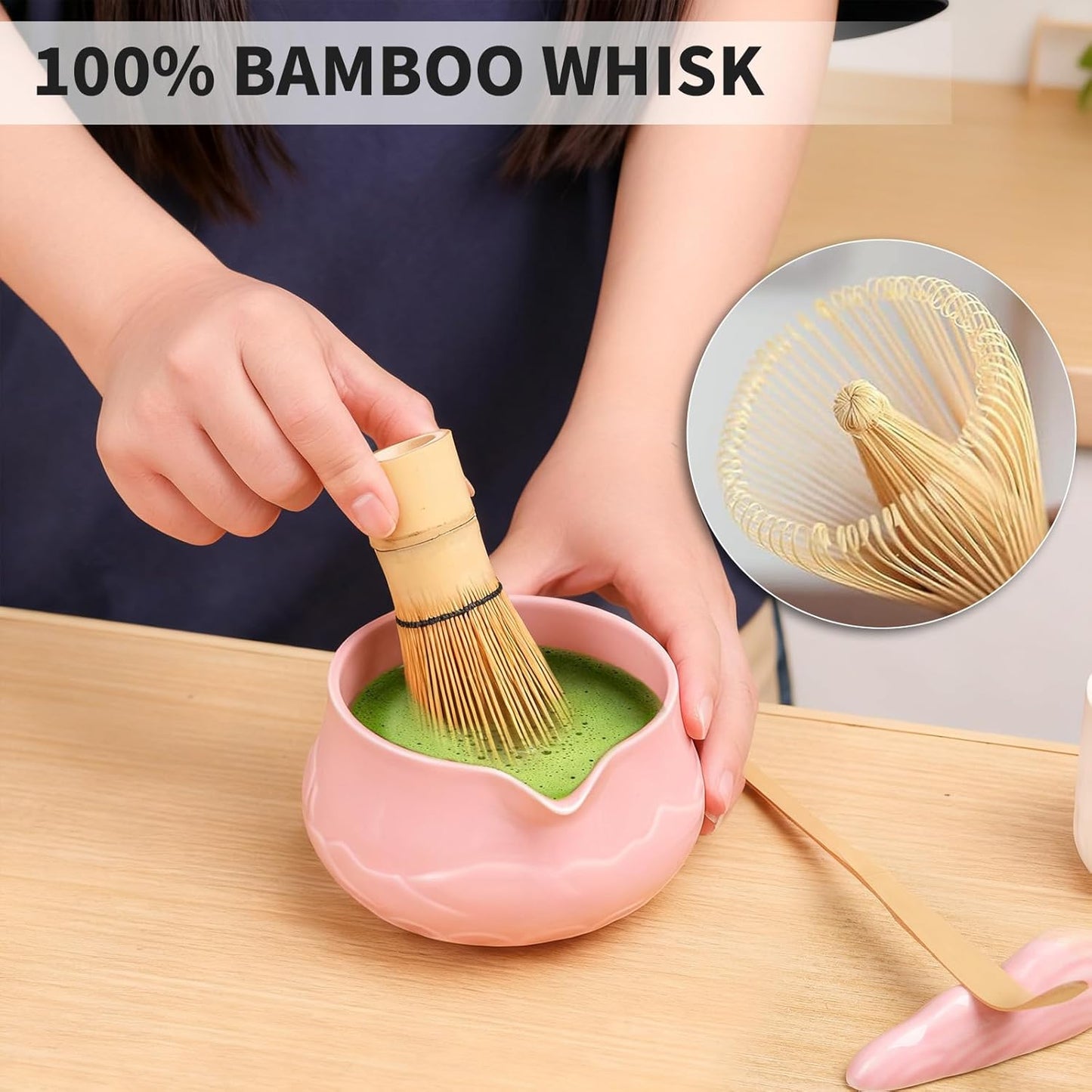 Matcha Whisk Set with Bowl, 8 Pcs Matcha Kit with Ceramic Holder, Scoop Holder, Sifter, Tea Towel, Greeting Card, Bamboo Whisk and Scoop, Pink Christmas Gift for Tea Lovers