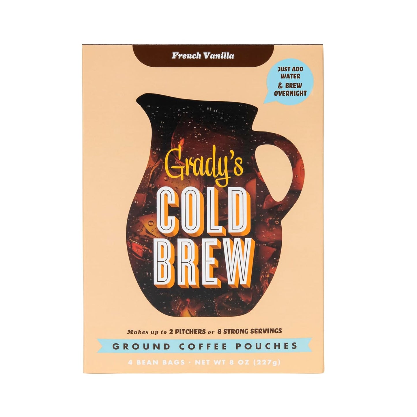 GRADY’S COLD BREW, French Vanilla, 100% Arabica Ground Coffee & Chicory Pouches, TWO Bundles of 4 Easy-to-Brew Bean Bags, Makes 24 drinks