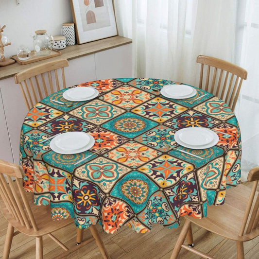 Mexican Ceramic Round Tablecloth, Colorful Talavera Tile Mandala Traditianal Boho Water Resisitant Wipeable Table Cover for Dining Kitchen Living Room Home Party Holiday Decor 60 inch Round