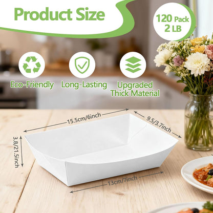 120 Pcs Paper Food Boat Trays, 2 LB Heavy Duty Paper Boats, White Kraft Food Serving Boat Tray, Disposable Nacho Tray for Snack Hot Dog BBQ Dessert Salad Taco, Water & Grease Resistant, White