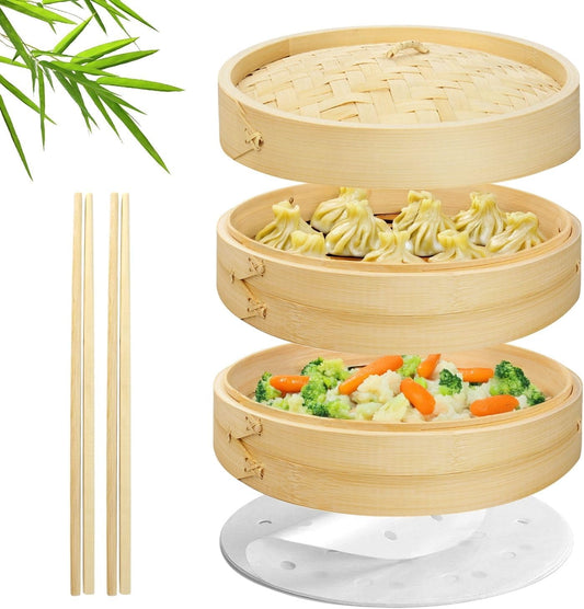 Flexzion Bamboo Steamer Basket Set (8 inch), 50 x Steamer Liners and 2 Pairs of Chopsticks, Steam Baskets for DimSum Dumplings, Rice, Vegetables, Fish and Meat