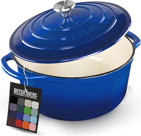 Zulay Kitchen 6 Quart Enameled Cast Iron Dutch Oven Pot with Lid – Premium Durability & Oven Safe up to 500°F – Heavy Duty Cookware Perfect for Bread Baking, Stews, Braising & Roasting – Blue