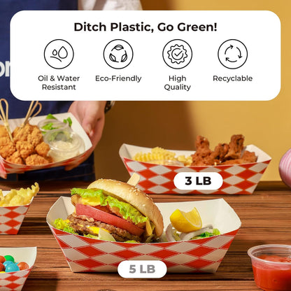 Fit Meal Prep 250 Pack 3 lb Paper Food Trays Heavy Duty Disposable Hot Dog Trays, Paper Food Boat Red Check Nacho Tray for Parties, Fairs, Picnics, Carnivals – Holds Tacos, Fries, Grease Resistant