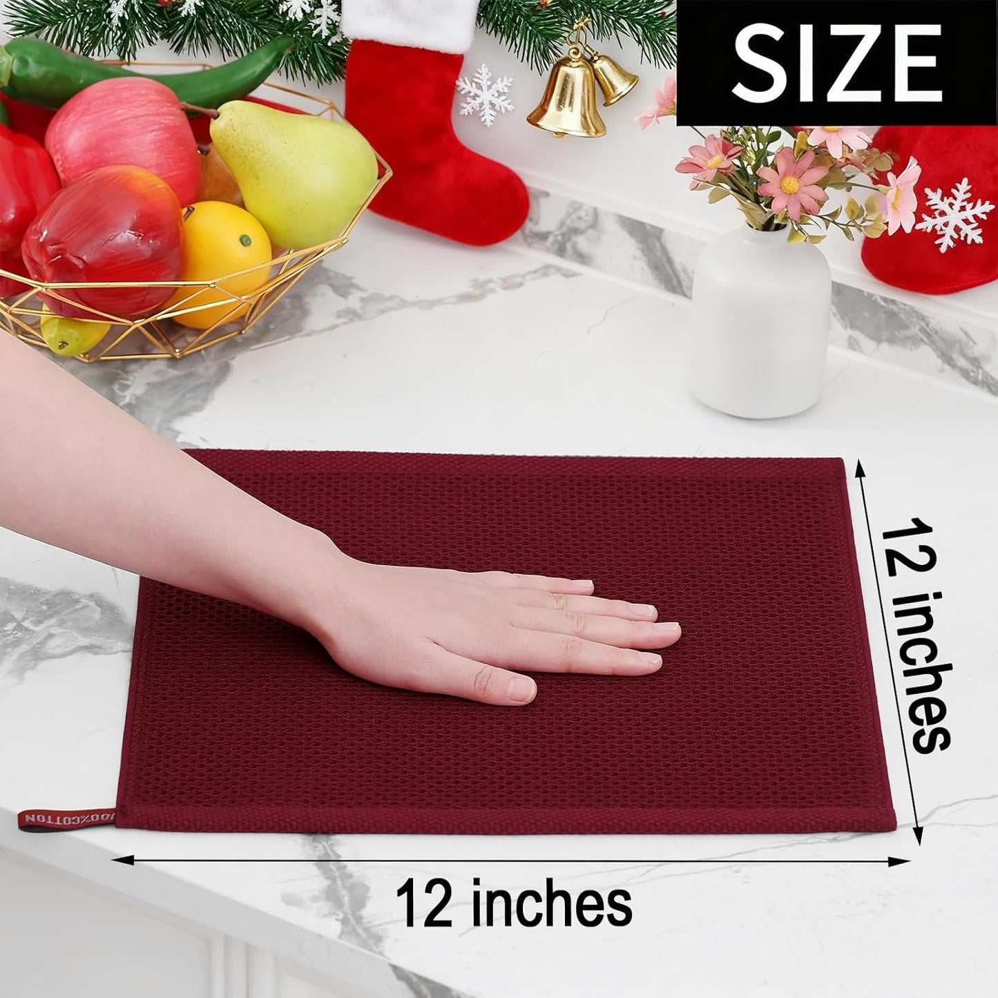 Homaxy 100% Cotton Waffle Weave Kitchen Dish Cloths, Ultra Soft Absorbent Quick Drying Dish Towels, 12 x 12 Inches, 12-Pack, Burgundy
