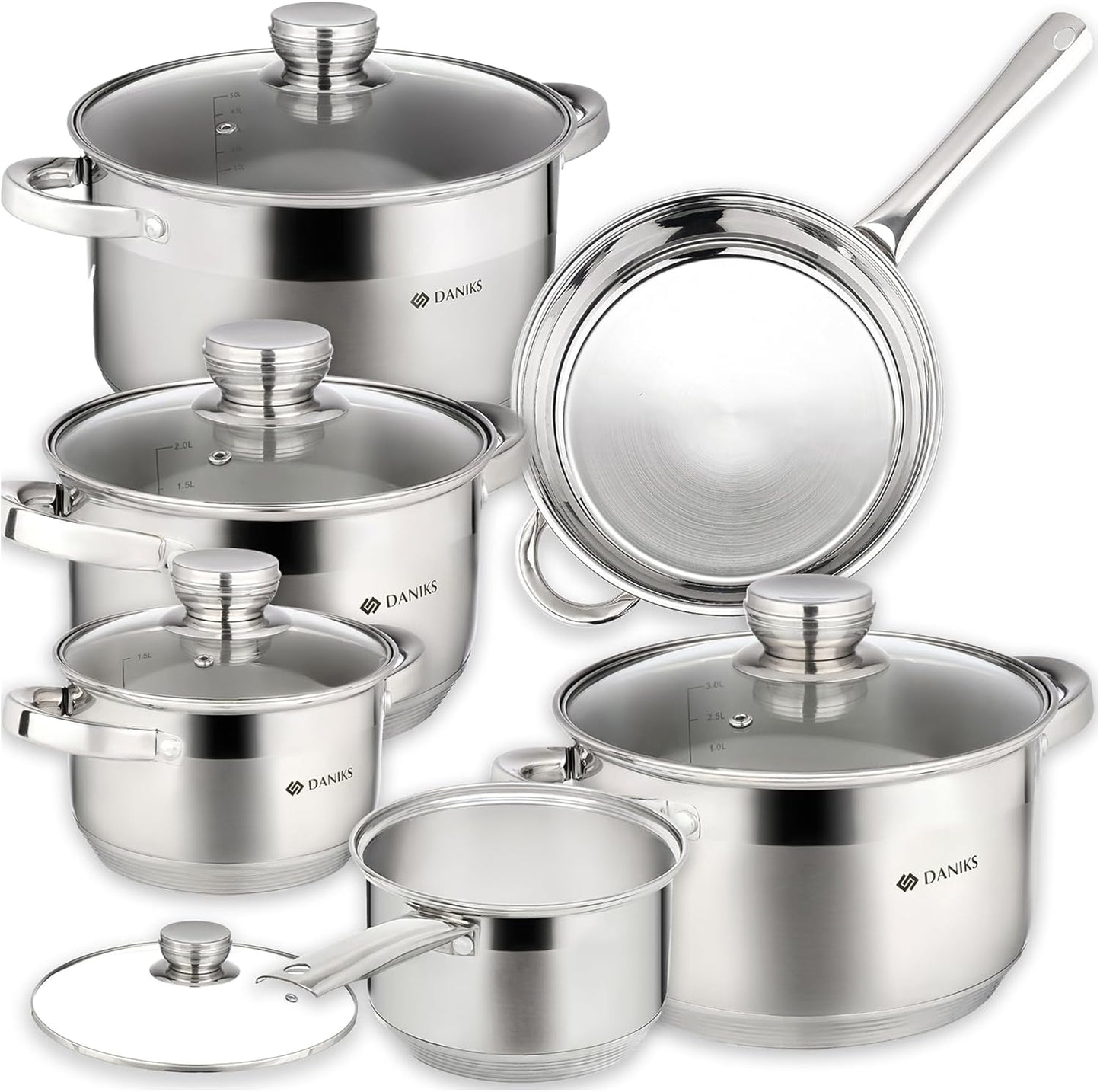 Daniks Standard 11-Piece Stainless Steel Induction Cookware Set, Saucepan, Frying Pan, Dishwasher Safe Pots, Measuring Scale, Glass Lids, For Soup, Pasta, Stew, Silver
