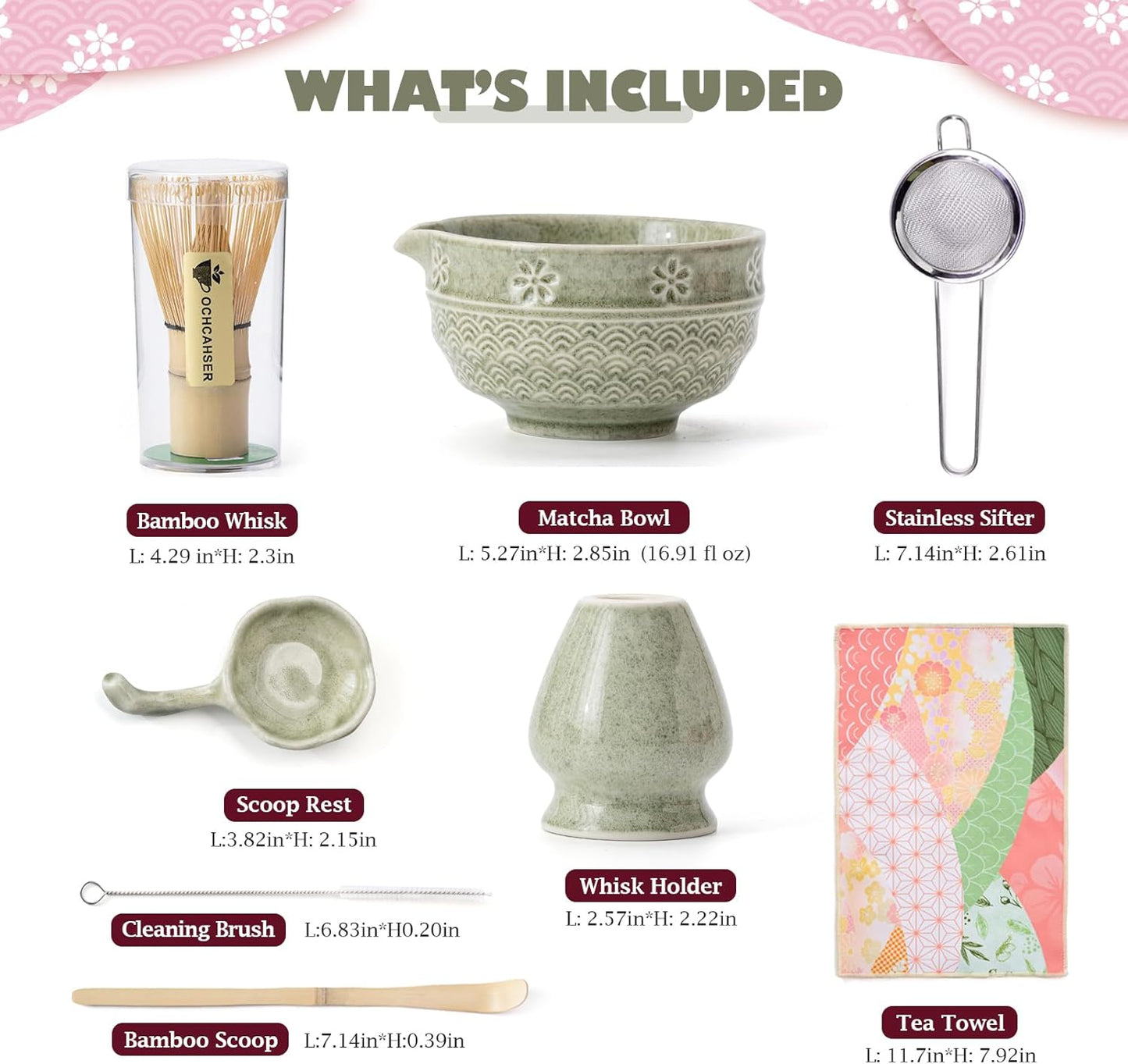 Matcha Tea Set, 8 Pcs Japanese Matcha Kit with Cherry Blossom and Wave Design Ceramic Bowl, Bamboo Whisk, Whisk Holder, Scoop, Sifter, Brush, Matcha kit Set for Matcha Lovers (Matcha Green)