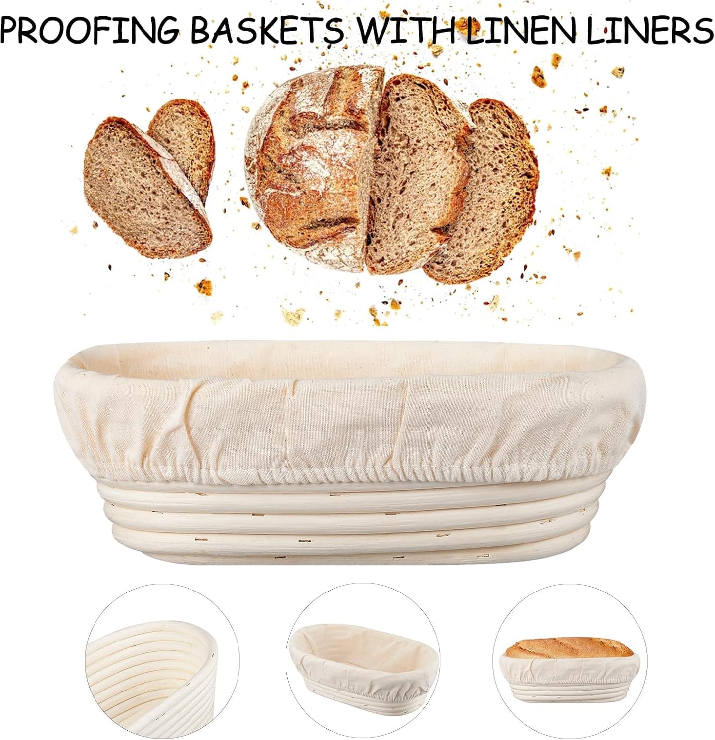 Banneton Bread Proofing Basket Banneton Basket Set Sourdough Proofing Basket Round Proofing Bowls Handmade Rattan Baskets and Liners (Oval 10 inch set of 2)