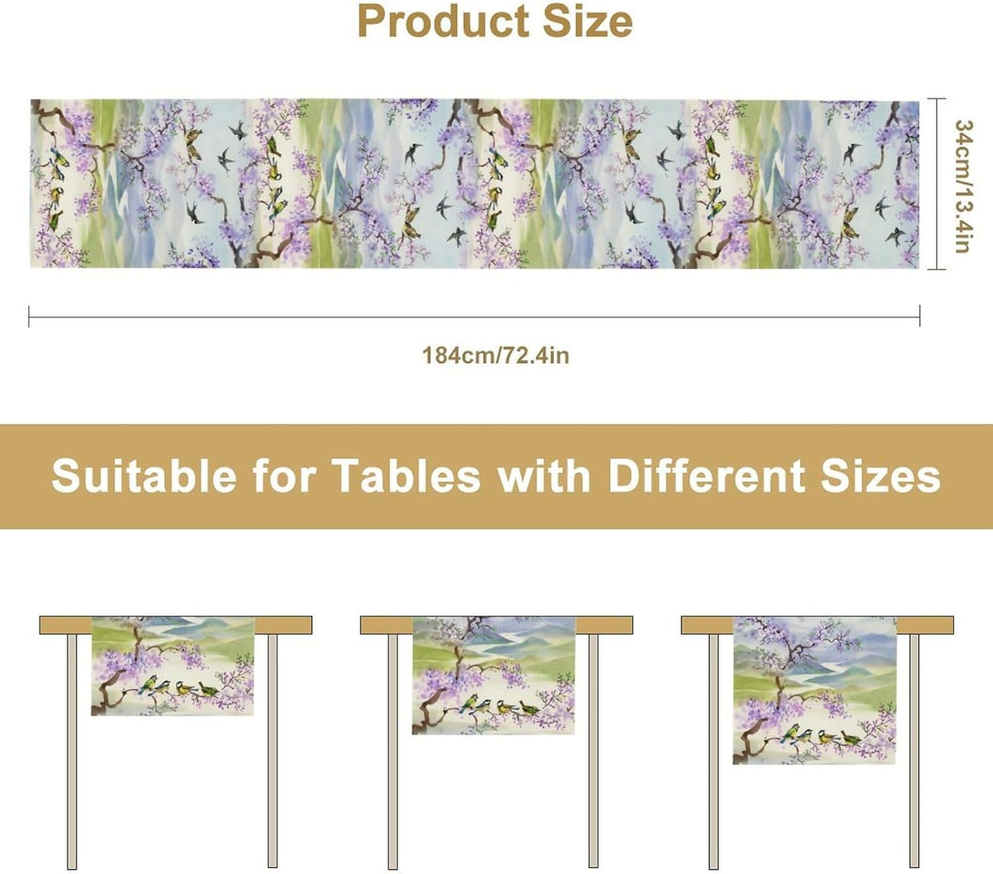 Watercolor Bird Landscape Table Runner, Chinoiserie Vintage Asian Landscape Mountain Spring Purple Table Runner for Kitchen Dining Table Decoration for Home Party 13x108 Inch