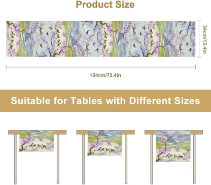Watercolor Bird Landscape Table Runner, Chinoiserie Vintage Asian Landscape Mountain Spring Purple Table Runner for Kitchen Dining Table Decoration for Home Party 13x108 Inch