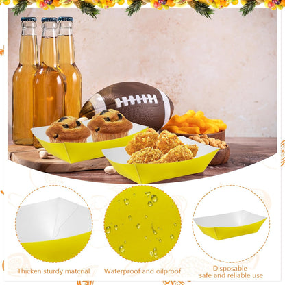 100 Pcs Yellow Paper Food Tray Sturdy Disposable Food Boats Nacho Plates Disposable Serving Snack Trays for Catering, Party Birthday Supplies, and Food Service (Yellow)