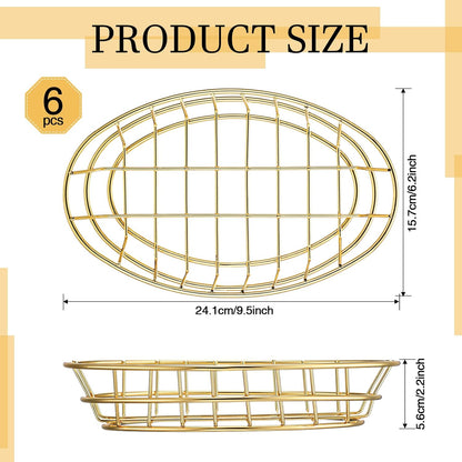 Tioncy 6 Pcs Chrome Oval Metal Wire Baskets 9.5 x 6.2 x 2.2 Inch Bread Serving Decorative Sandwich Container Christmas Party Fast Food Basket for Fruit Burger Kitchen Restaurant(Gold)