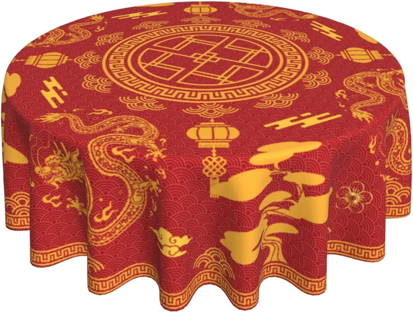 Chinese Tablecloth Round, Red Golden Traditional Zodiac Dragon Vintage Asian Style Oriental Water Resisitant Table Cover for Dining Kitchen Living Room Home Party Holiday Decor 60 inch Round