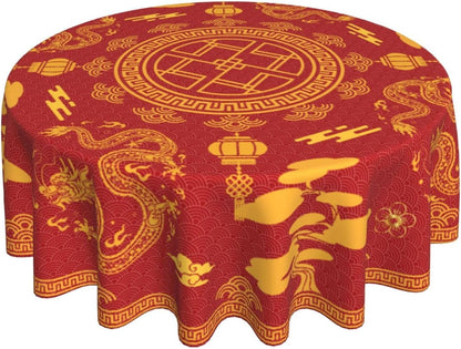 Chinese Tablecloth Round, Red Golden Traditional Zodiac Dragon Vintage Asian Style Oriental Water Resisitant Table Cover for Dining Kitchen Living Room Home Party Holiday Decor 60 inch Round