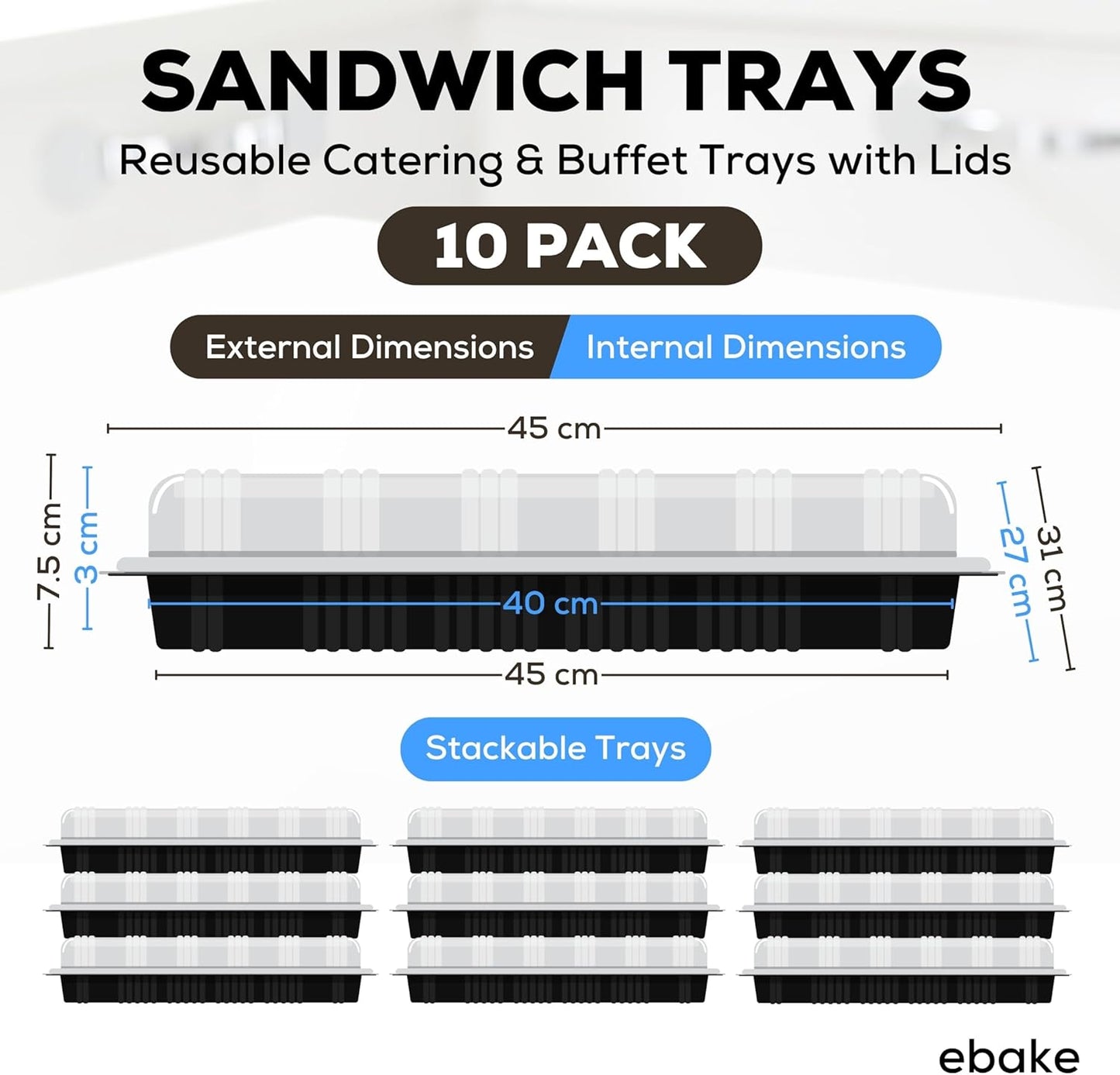 5 Pack Catering Trays with Lids – 17" Serving Tray with Lid, Heavy Duty Recyclable Plastic Party Platters for Catering, Buffet, Picnics & Events – Food Trays with Clear Lid (17.72 x 12.20 x 2.95 inch)