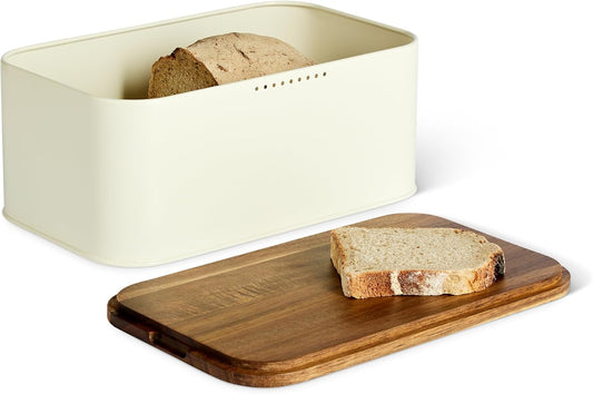 Amazon Basics Carbon Steel Bread Box with Acacia Wood Lid, Lid Doubles as Cutting Board, 11.9 x 7.1 x 5.2 in.