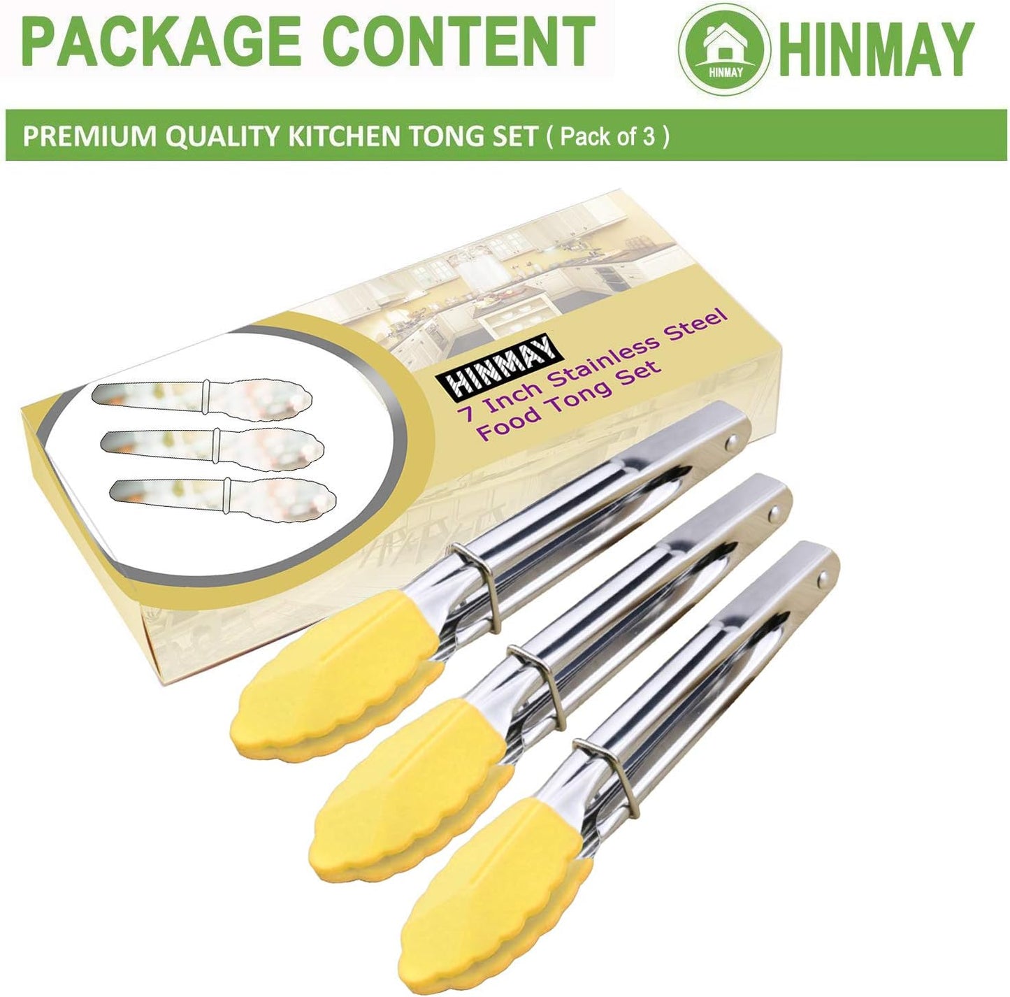 Mini Tongs with Silicone Tips 7-Inch Small Serving Tongs, Set of 3 (Yellow)