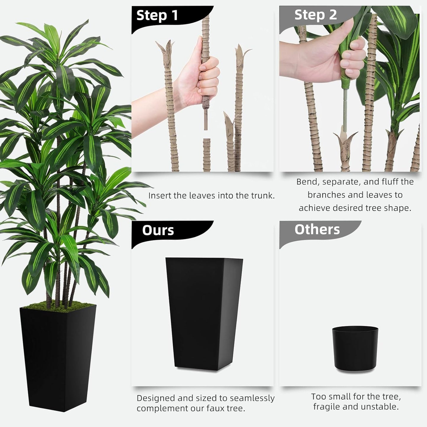 Artificial Dracaena Tree 6FT - Faux Tree with Black Tall Planter - Fake Tropical Yucca Floor Plant Potted - Artificial Silk Tree for Home Office Living Room Decor Indoor