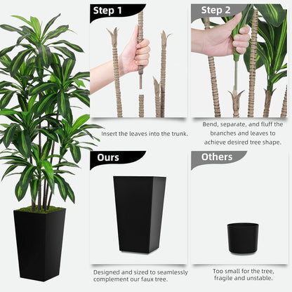 Artificial Dracaena Plant 6FT - Fake Tree with White Tall Planter - Faux Yucca Tall Fake Floor Plant in Pot - Artificial Trees for Home Office Living Room Decor Indoor