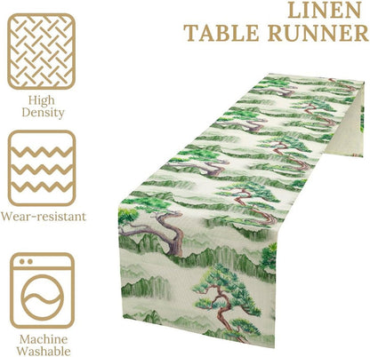 Chinese Natural Scenery Table Runner, Japanese Ink Wash Painting Plants Tree Mountain Green Colorful Forest Table Runner for Kitchen Living Room Bedroom Home 13x70 Inch