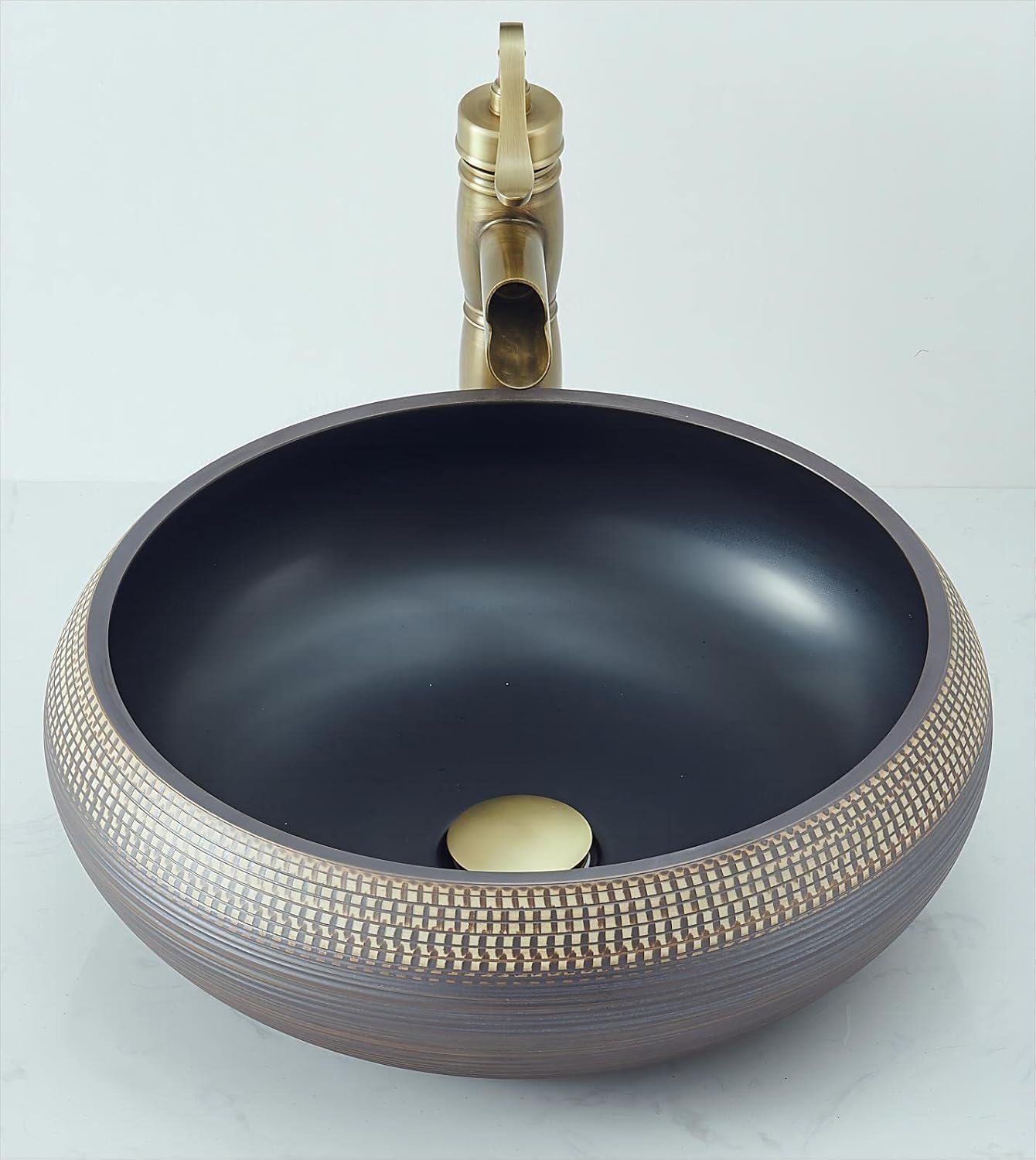 Vessel Sink Round 16 Inch Bathroom Sink, Counter Top Black+ Coffee Color Cloakroom Porcelain Ceramic Vessel Vanity Sinks Art Basin for Bathroom, Lavatory, Vanity Cabinet(16 x 6 Inch)