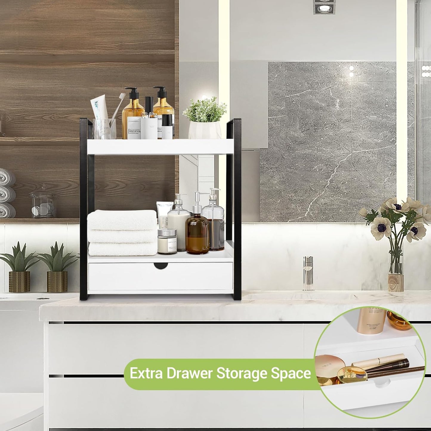 2-Tier Wooden Counter Shelf with Drawer, Vanity Tray for Organization and Decor, Countertop Organizer for Bathroom and Kitchen