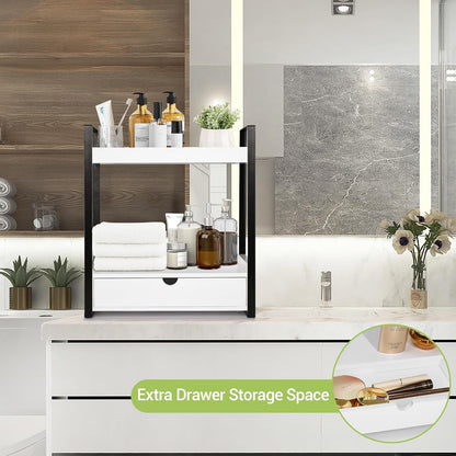 2-Tier Wooden Counter Shelf with Drawer, Vanity Tray for Organization and Decor, Countertop Organizer for Bathroom and Kitchen